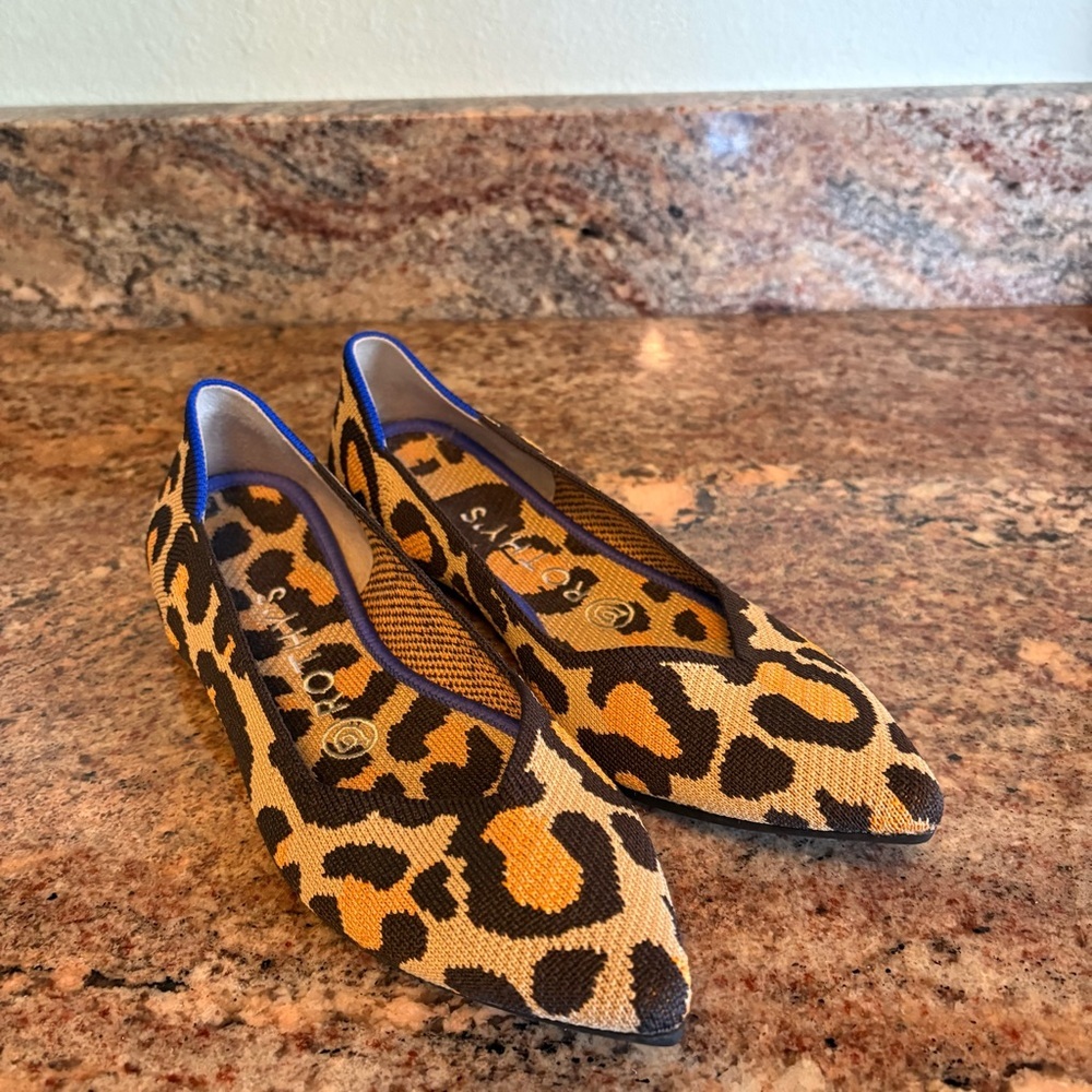 Rothy's Leopard-Print Pointed Knit Flats in Black & Tan